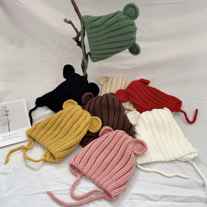 韩版男女婴儿帽子耳朵卡通毛线帽宝宝秋冬季系带纯手工儿童帽