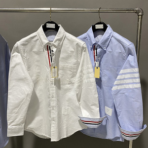 tb衬衫红白蓝条纹织带彩条尖领牛津纺纯棉英伦风长袖男女款衬衣