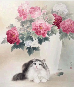 工笔画底稿牡丹小猫斗方参考白描打印稿宣纸稿学习临摹