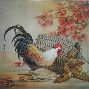 工笔画底稿孙锡之工笔公鸡玉米斗方白描28#打印稿毛笔勾线宣纸稿