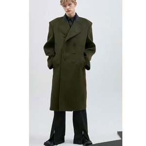 圆领拼色设计高级感长款毛呢大衣男军绿色双排扣羊毛呢子风衣外套