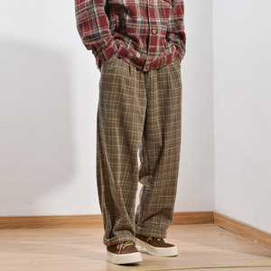 正风日式文艺范格子灯芯绒纯棉加厚工装裤男士复古宽松直筒长裤子