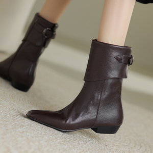 高级感小短靴羊皮2023新款秋冬款平底靴子真皮女靴中跟软皮靴加绒