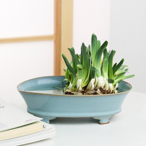 陶瓷汝窑青瓷水仙盆花盆中式仿古水仙花种球水培禅意剑山插花器皿