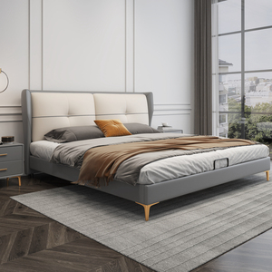 意式极简轻奢真皮床北欧实木主卧大床现代简约双人床结婚样板间床