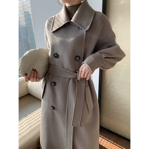 气质大象灰~双排扣双面羊绒大衣2020冬新款系带长款羊毛呢女外套