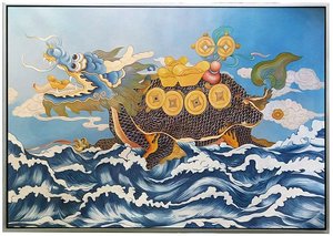 大幅客厅风景风水油画手绘 现代新中式装饰画现货 龙龟赐福