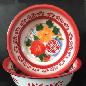 搪瓷盆家用老式洗脸盆加厚结婚红喜字陶瓷复古小塘瓷铁卫生间怀旧