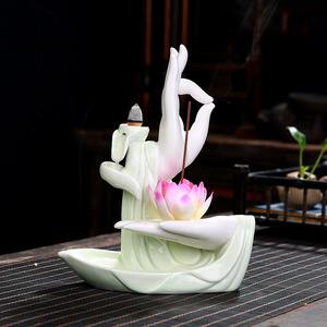 创意倒流香炉青瓷佛手莲花回流香薰炉办公室家居佛道茶道香道摆件