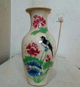 民国淄博窑红绿彩花鸟花瓶,博山老陶瓷