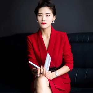 明星同款红色西装套装女职业正装气质礼服主持人西服半身裙两件套