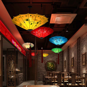 新中式布艺伞灯吊灯手绘艺术中国风饭店商用火锅店餐饮店铺装饰灯