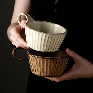 日式复古咖啡杯带勺 早餐陶瓷马克杯燕麦可微波空气炸锅麦片杯子