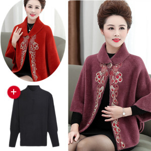 妈妈秋冬外搭披肩外套女短款中老年结婚礼服绣花披肩仿水貂绒开衫
