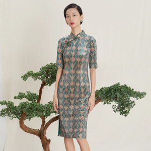 品玉时尚民族风旗袍连衣裙修身斜襟印花显瘦p03tq5028