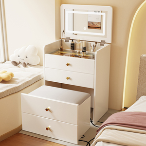 实木梳妆台小户型卧室现代简约奶油风翻盖床头柜化妆桌一体收纳柜