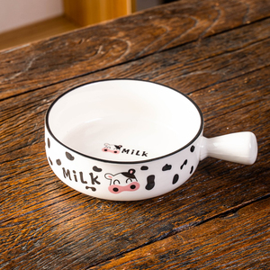 手柄碗带勺防烫碗套装陶瓷碗家用奶牛卡通网红可爱餐具