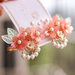 儿童古风头饰汉服发夹国风可爱少女樱花对夹流苏女童花朵配饰古代