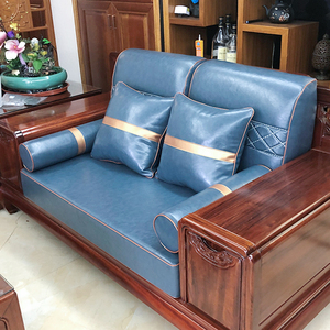 定制加厚新中式红木真皮沙发坐垫带靠背垫牛皮实木家具海绵沙发垫