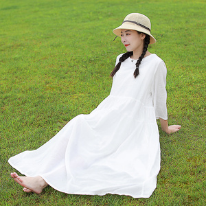 高端棉麻女装文艺简约圆领仙气长裙女气质连衣裙云南旅游白色裙子