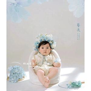 蓝色簪花头饰主题衣服婴儿宝宝百日照100天百天照摄影道具服装