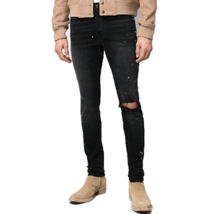 港代amiri黑色单膝盖破洞牛仔裤男高街泼墨弹力修身小脚长裤子潮