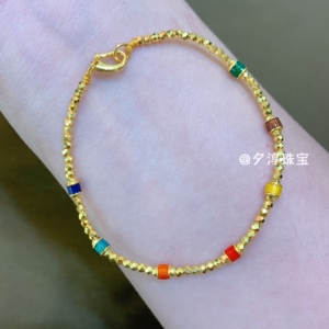 足金999精品手工古法黄金七彩珠手链diy彩虹蹦迪珠手链叠戴链仔
