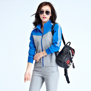 京东商城2017新款高端春秋女运动套装春秋纯棉料撞色两件套开衫时