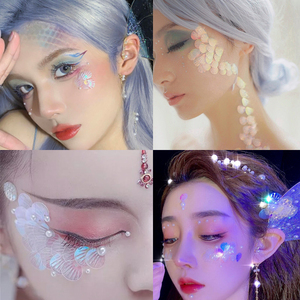 网红自拍写真古风鱼鳞贝壳片鲛人妆亮片珍珠精灵耳朵舞台妆汉服