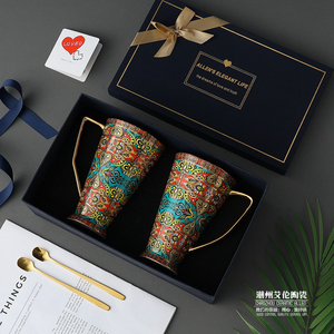 波西米亚  欧式小奢华骨瓷欧式大容量500ml马克杯对杯伴手礼盒装