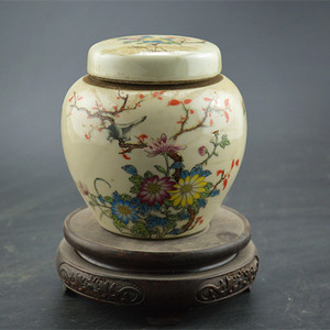 景德镇仿古瓷器民国仿清同治花鸟粉彩图案茶叶罐古董收藏做旧陶瓷