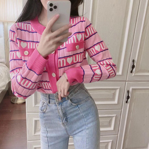 miu家粉色字母爱心桃心针织开衫女拼色条纹显瘦上衣毛衣女春秋款