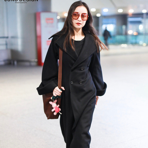 倪妮明星同款黑色翻领毛呢外套女2020年冬双排扣加厚保暖呢子大衣