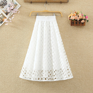 蕾丝半身裙女装夏季松紧腰显瘦拉链腰头大摆裙子镂空中长款a字裙