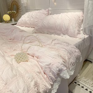 公主风镂空蕾丝花边被罩床单四件套温柔少女粉色泡泡纱被套被单件