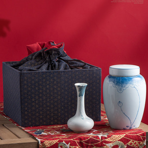 古风创意布袋单陶瓷罐配小花瓶茶叶礼盒包装盒空盒红茶岩茶空盒子