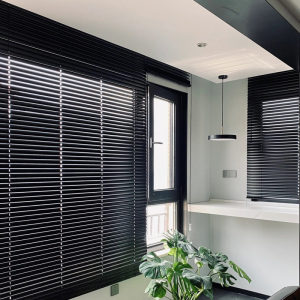 鹿先森轻奢高级黑色百叶窗帘免打孔办公室卫生间浴室厕所防水遮光