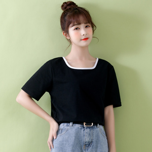 黑色t恤女短袖2021年夏季新款宽松韩版简约百搭拼色方领短款上衣