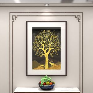 黄金发财树玄关装饰画金色树枝抽象挂画入户正对门墙面高档壁画