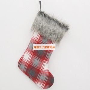 索兰朵 红黑格子圣诞袜子高档毛皮装饰品外贸原单工厂直营