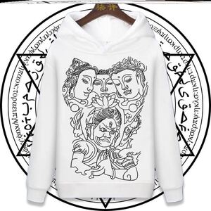 秋冬新款精神小伙男社会纹身三面佛关公连帽潮流学生白色加绒卫衣