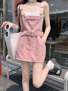 脏粉色牛仔背带连衣裙女2024夏季新款高腰显瘦小个子a字短裙子潮