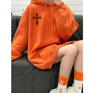 奶橘色芭比鲨鱼裤上衣的搭配卫衣女小个子连帽欧美hiphop外套春秋