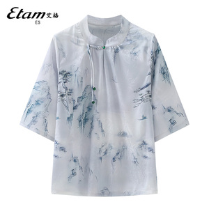 艾格新中式印花短袖上衣妈妈夏装气质洋气衬衫中老年女装雪纺小衫