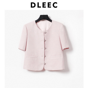 DLEEC 温柔减龄粉色圆领小香风花呢薄款精致短袖外套精致通勤上衣