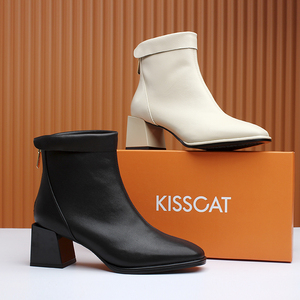 KISSCAT接吻猫女鞋2023冬款低跟后拉链舒适百搭女短靴KA49712-11