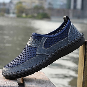 新款夏天透气懒人真皮鞋网鞋男士夏季中年男鞋凉鞋网面休闲网眼