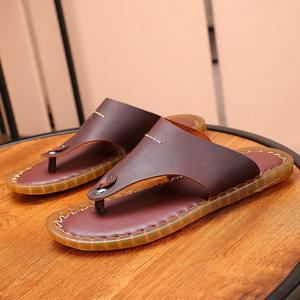 夏季青年牛皮凉拖鞋男真皮英伦复古防滑休闲男士人字拖鞋凉拖男潮