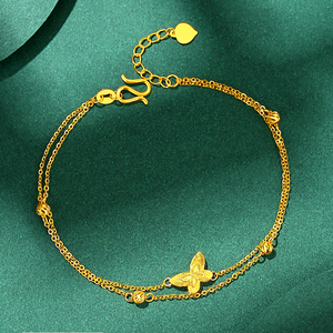 999足金纯黄金手链蝴蝶双层套链24k正品手镯女生送妈妈母亲节礼物