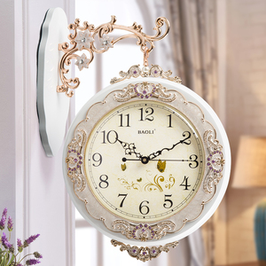 宝丽欧式双面挂钟客厅创意艺术两面装饰实木现代壁钟表静音大挂表